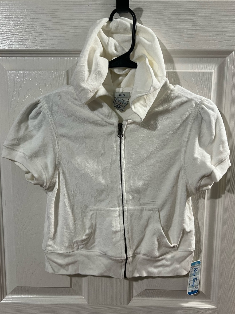 Vintage Old Navy White Terry Short-Sleeve Hooded sweatshirt. Tiny Fit Y2K. Sz S